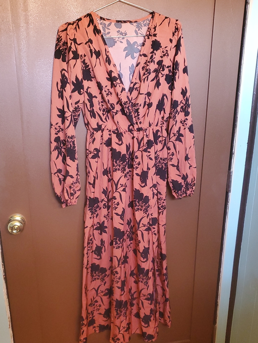 Shein Rust Floral Print Long Sleeve Maxi Dress